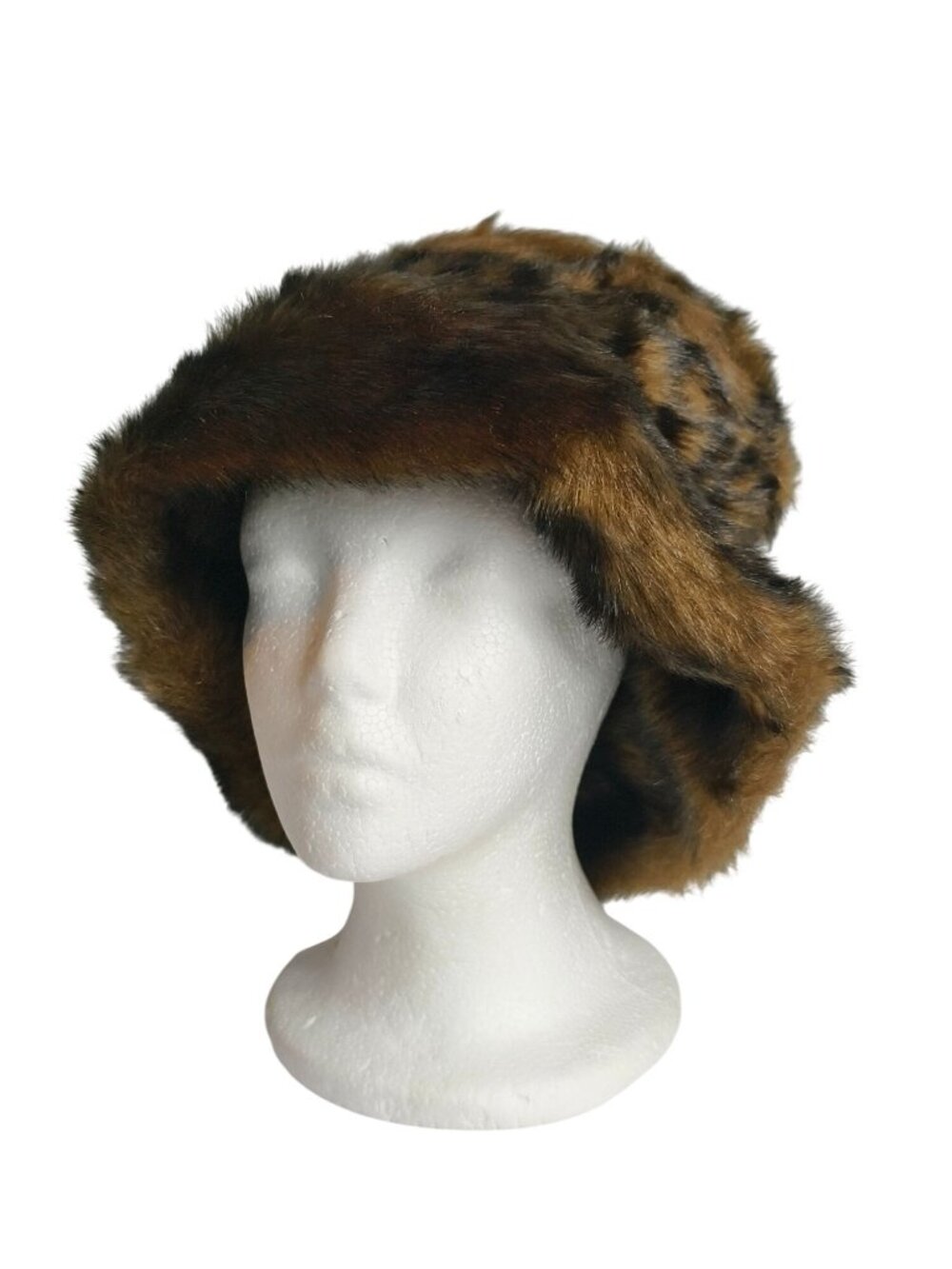 Vtg Preston & York Faux Fur Cloche Bucket Hat Plush Leopard Winter Cozy Cossack